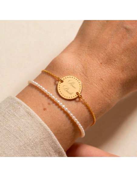 Bracelet plaqué or médaille gravée et chaîne Comptoir Doré