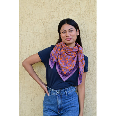 Grand foulard 100x100 cm Mercure Flame motifs oiseaux orange vif. 2