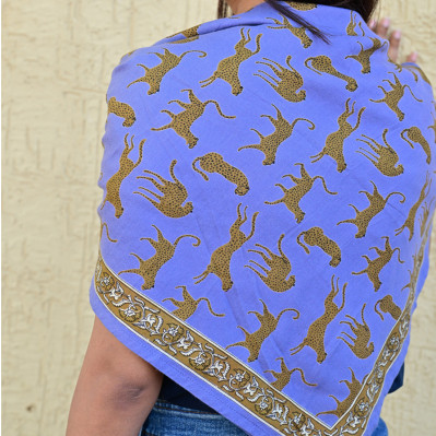 Grand foulard 100x100 cm Fauve Bleu horizon en coton blockprint.