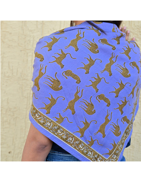 Grand foulard 100x100 cm Fauve Bleu horizon en coton blockprint.