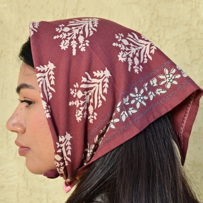 Petit foulard 50x50 cm Galatie Bordeaux en coton blockprint.