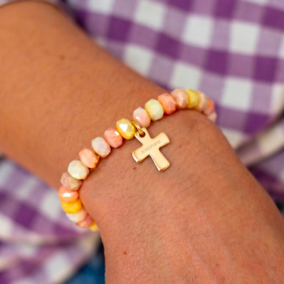 Bracelet Coco Croix gravée coloris Pêche - plaqué or - adulte/enfant