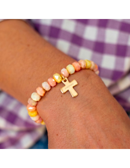 Bracelet Coco Croix gravée coloris Pêche - plaqué or - adulte/enfant