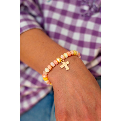 Bracelet Coco Croix gravée coloris Pêche - plaqué or - adulte/enfant 2