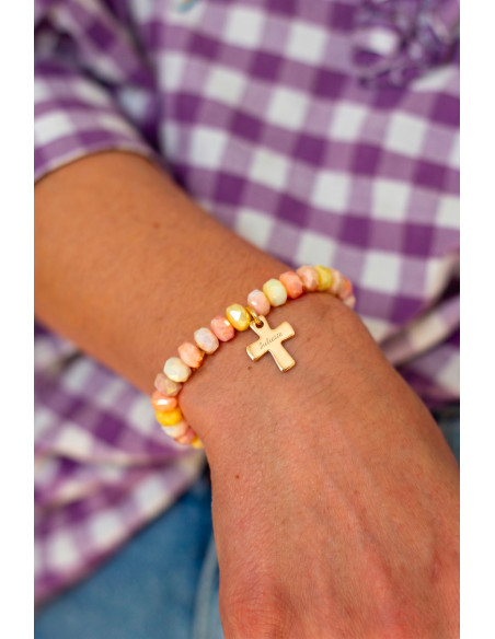 Bracelet Coco Croix gravée coloris Pêche - plaqué or - adulte/enfant