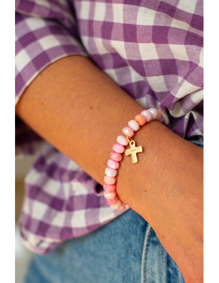 Bracelet Coco Croix gravée coloris Rose - plaqué or - adulte/enfant - collier de bonbons