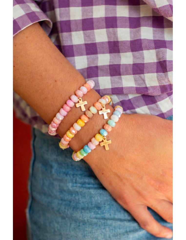 Bracelet Coco Croix gravée coloris Rose - plaqué or - adulte/enfant - collier de bonbons