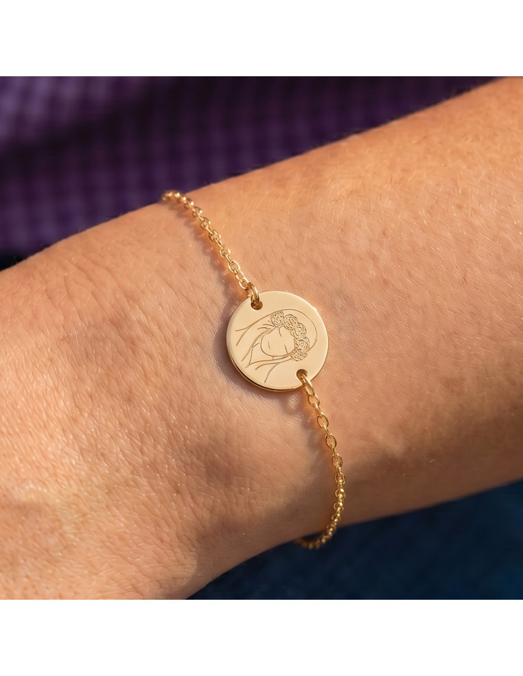 Bracelet fin en plaqué or avec médaillon rond gravé d'une Vierge couronnée de fleurs - Comptoir Doré