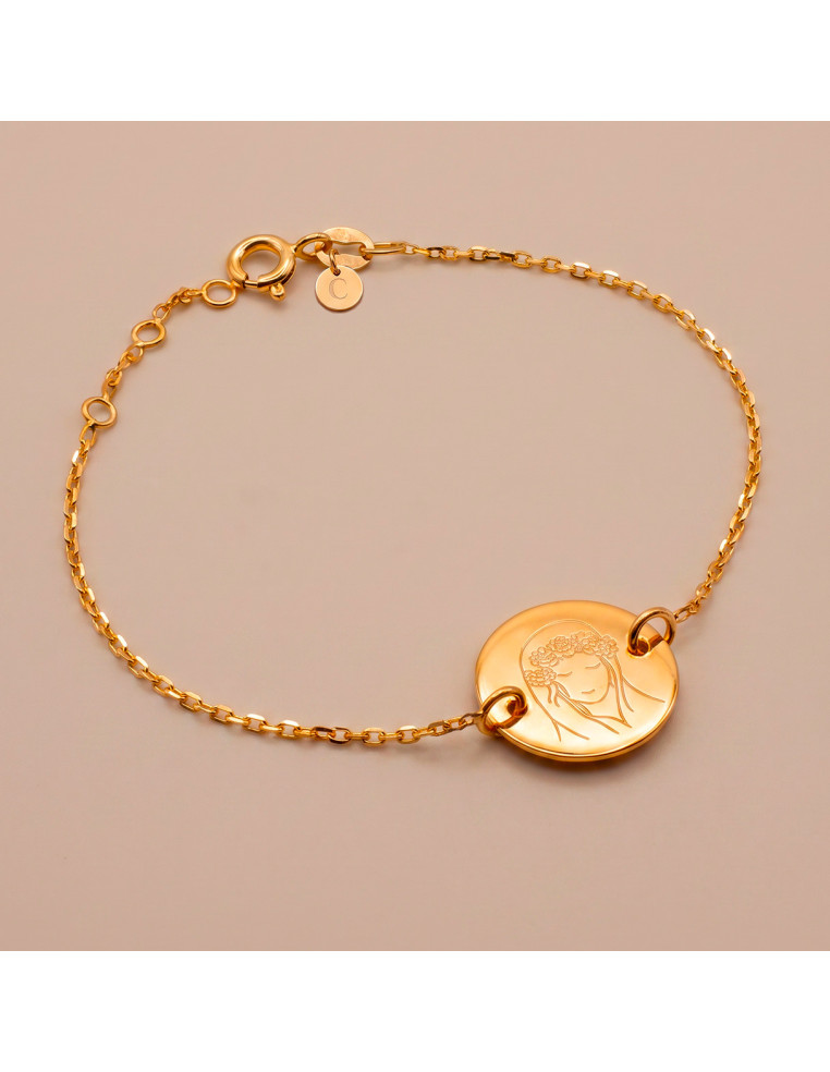 Bracelet fin en plaqué or avec médaillon rond gravé d'une Vierge couronnée de fleurs - Comptoir Doré