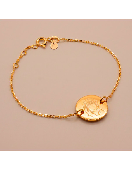 Bracelet fin en plaqué or avec médaillon rond gravé d'une Vierge couronnée de fleurs - Comptoir Doré