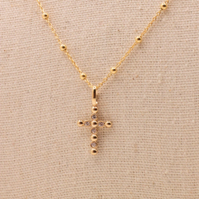 Collier Croix boules & zircons - pendentif croix - Comptoir Doré