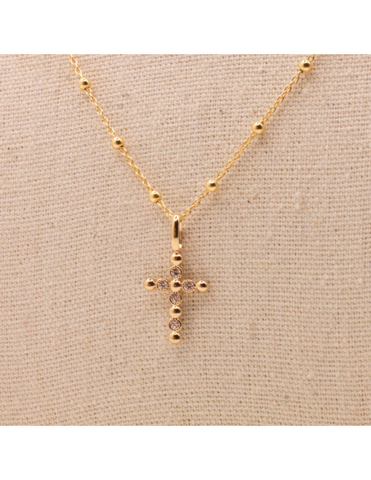 Collier Croix boules & zircons - pendentif croix - Comptoir Doré