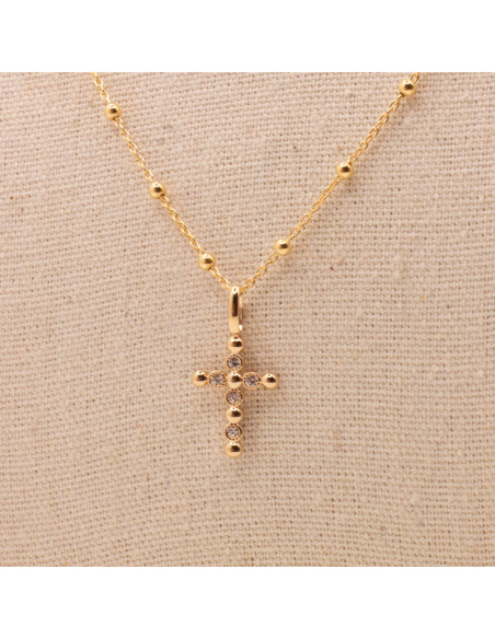 Collier Croix boules & zircons - pendentif croix - Comptoir Doré