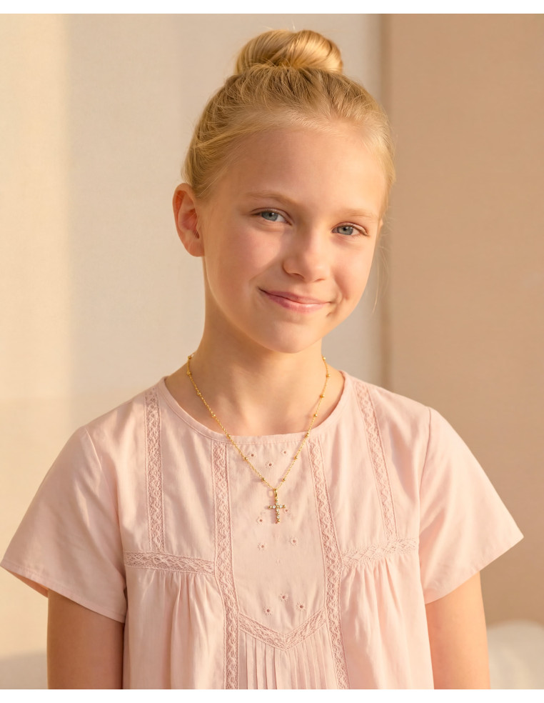 Collier Croix boules & zircons - pendentif croix - Comptoir Doré