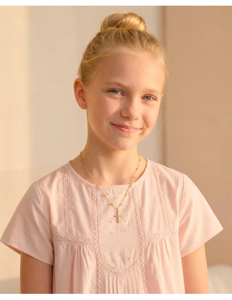 Collier Croix boules & zircons - pendentif croix - Comptoir Doré