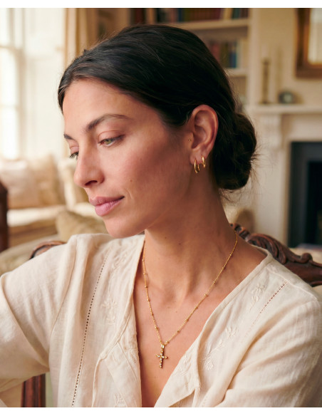 Collier Croix boules & zircons - pendentif croix - Comptoir Doré