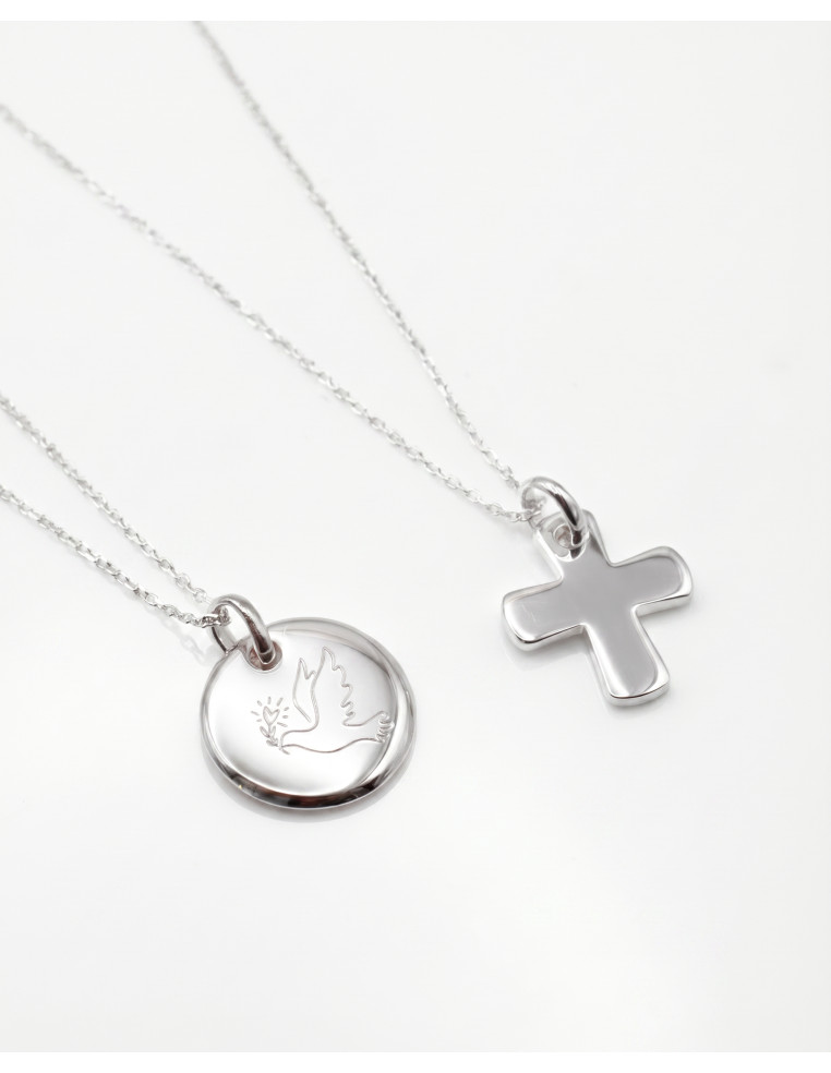 Collier argent avec médaillon rond gravé d'une colombe - Comptoir Doré