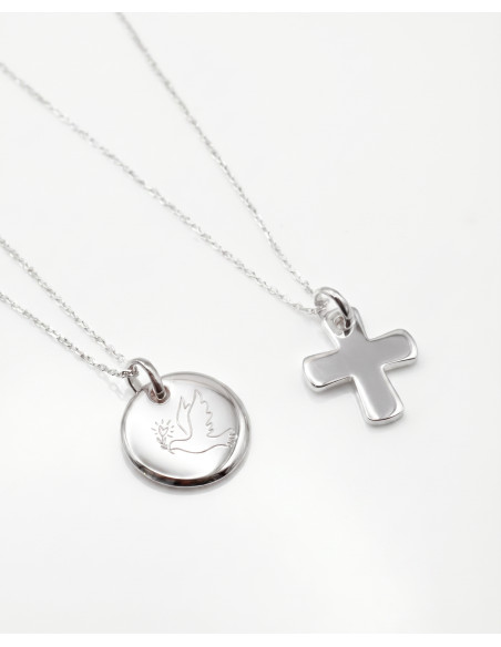 Collier argent avec médaillon rond gravé d'une colombe - Comptoir Doré