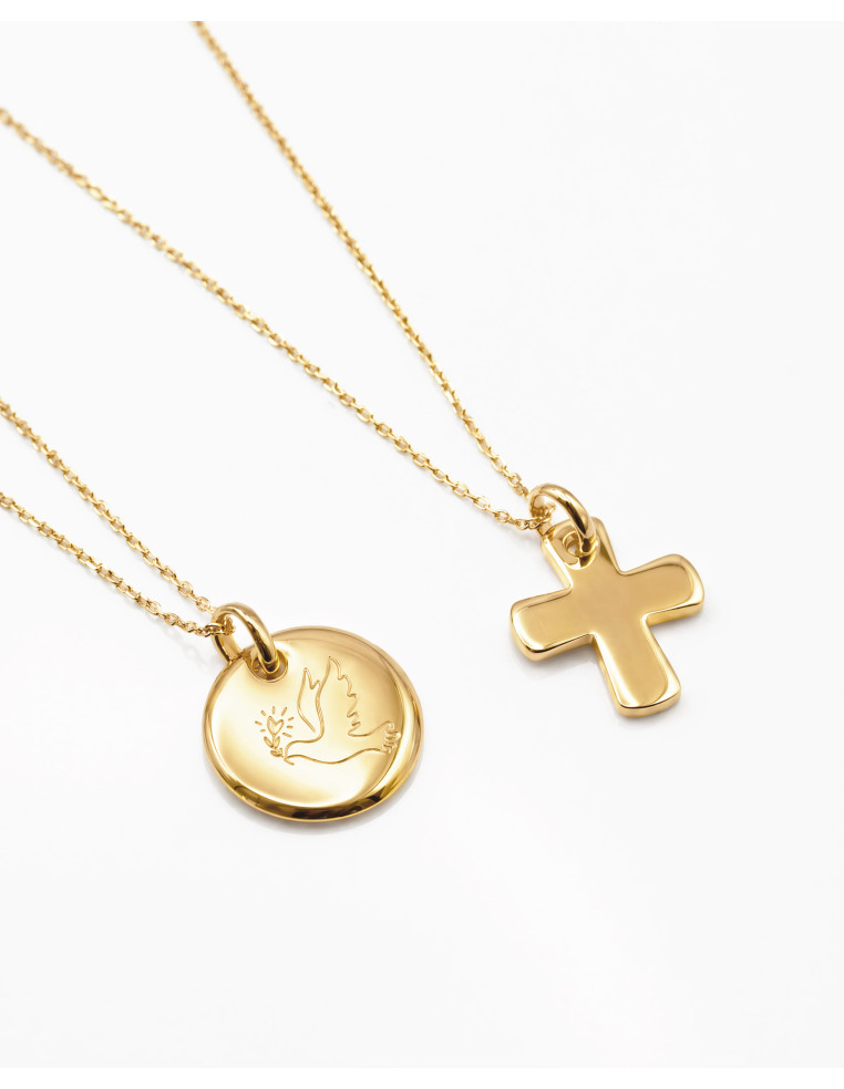 Collier plaqué or avec médaillon rond gravé d'une colombe - Comptoir Doré