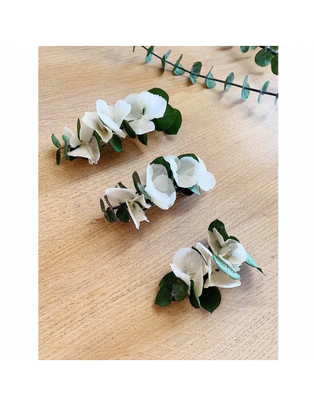 Barrette fleurs stabilisées Vesta - hortensias & eucalyptus - BFlower - Comptoir Doré