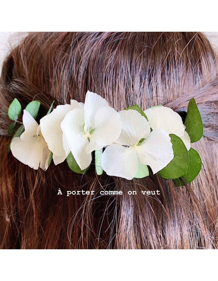 Barrette fleurs stabilisées Vesta - hortensias & eucalyptus - BFlower - Comptoir Doré
